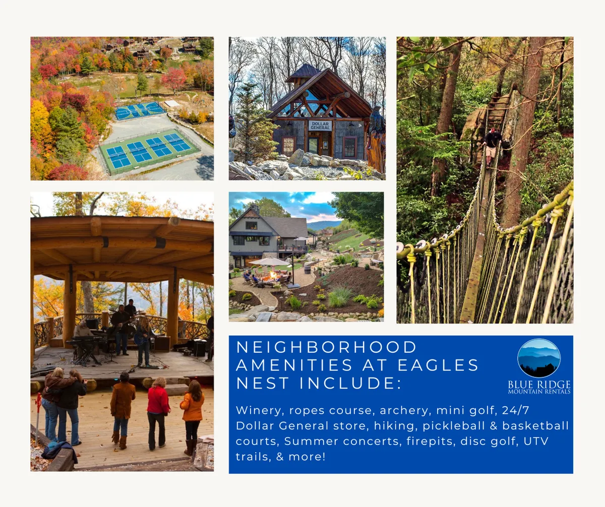 A vibrant scene showing the Eagles Nest community's outdoor amenities, including the ropes course, playground, mini-golf area, and outdoor concert stage, set against scenic mountain views. Families and children can be seen engaging in various activities, emphasizing a joyful, adventurous atmosphere.
